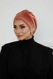 Velvet Elastic Instant Turban Bonnet Cap with Handmade Rose Detail at the Back Side, Soft Plain Color Velvet Pre-Tied Turban Hijab,B-53K Salmon