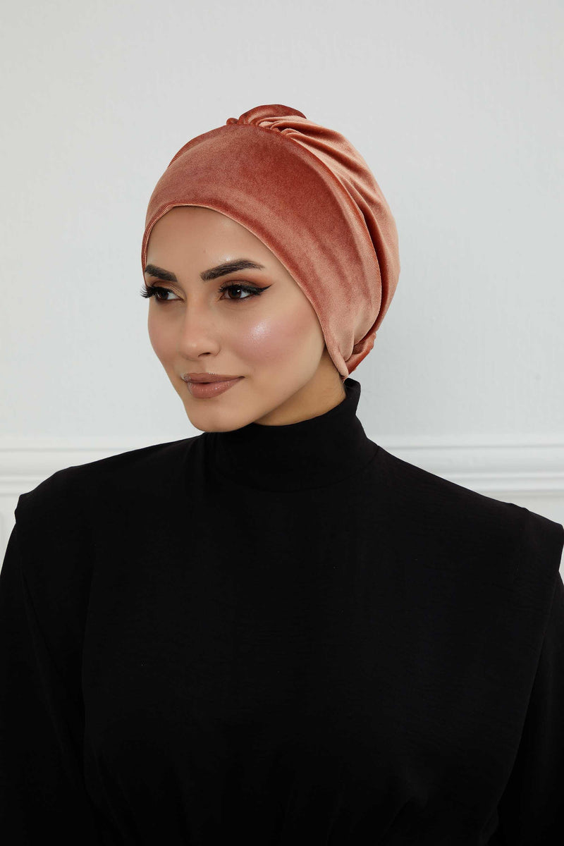 Velvet Elastic Instant Turban Bonnet Cap with Handmade Rose Detail at the Back Side, Soft Plain Color Velvet Pre-Tied Turban Hijab,B-53K Salmon