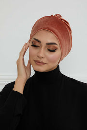 Velvet Elastic Instant Turban Bonnet Cap with Handmade Rose Detail at the Back Side, Soft Plain Color Velvet Pre-Tied Turban Hijab,B-53K Salmon