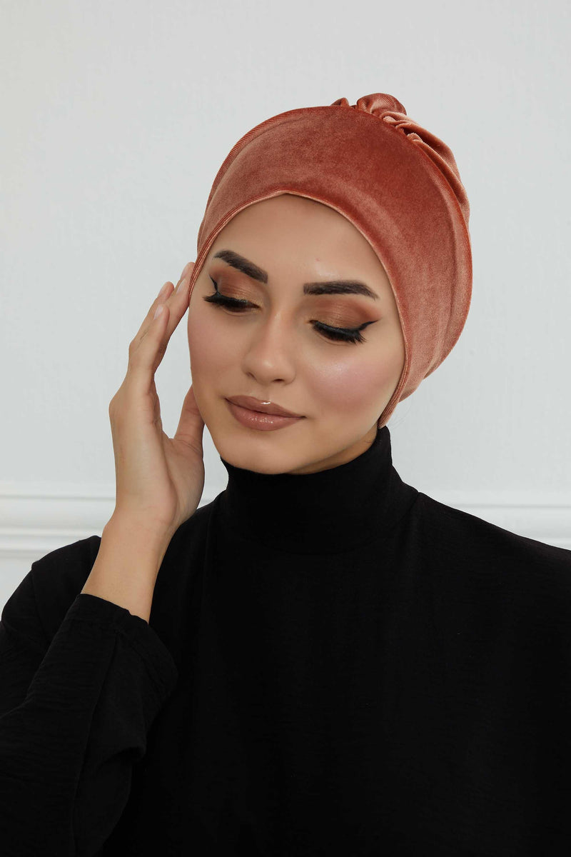 Velvet Elastic Instant Turban Bonnet Cap with Handmade Rose Detail at the Back Side, Soft Plain Color Velvet Pre-Tied Turban Hijab,B-53K Salmon