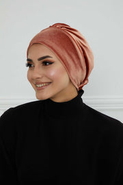 Velvet Elastic Instant Turban Bonnet Cap with Handmade Rose Detail at the Back Side, Soft Plain Color Velvet Pre-Tied Turban Hijab,B-53K Salmon