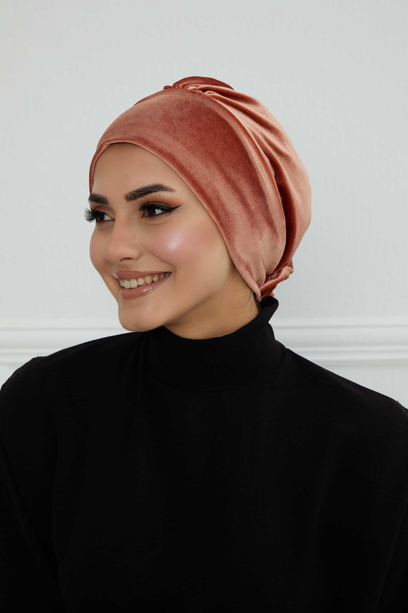 Velvet Elastic Instant Turban Bonnet Cap with Handmade Rose Detail at the Back Side, Soft Plain Color Velvet Pre-Tied Turban Hijab,B-53K Salmon