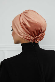 Velvet Elastic Instant Turban Bonnet Cap with Handmade Rose Detail at the Back Side, Soft Plain Color Velvet Pre-Tied Turban Hijab,B-53K Salmon
