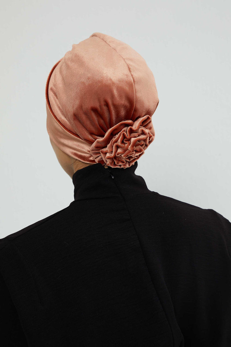 Velvet Elastic Instant Turban Bonnet Cap with Handmade Rose Detail at the Back Side, Soft Plain Color Velvet Pre-Tied Turban Hijab,B-53K Salmon