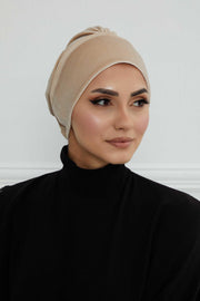 Velvet Elastic Instant Turban Bonnet Cap with Handmade Rose Detail at the Back Side, Soft Plain Color Velvet Pre-Tied Turban Hijab,B-53K Beige