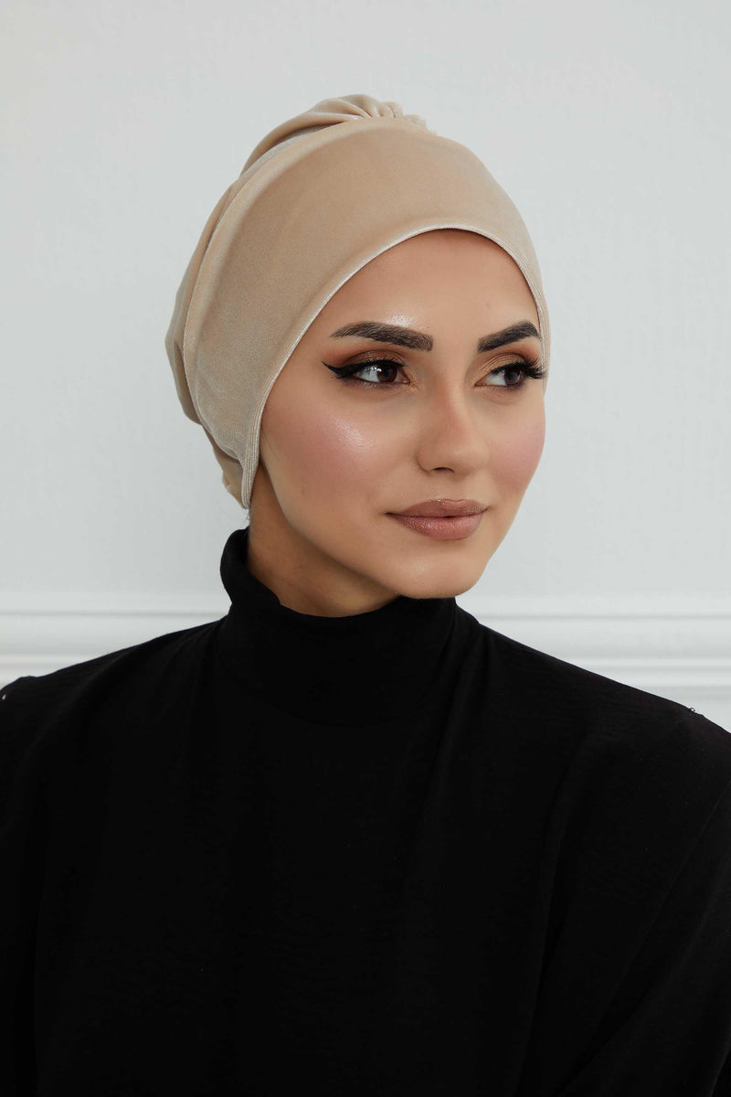 Velvet Elastic Instant Turban Bonnet Cap with Handmade Rose Detail at the Back Side, Soft Plain Color Velvet Pre-Tied Turban Hijab,B-53K Beige