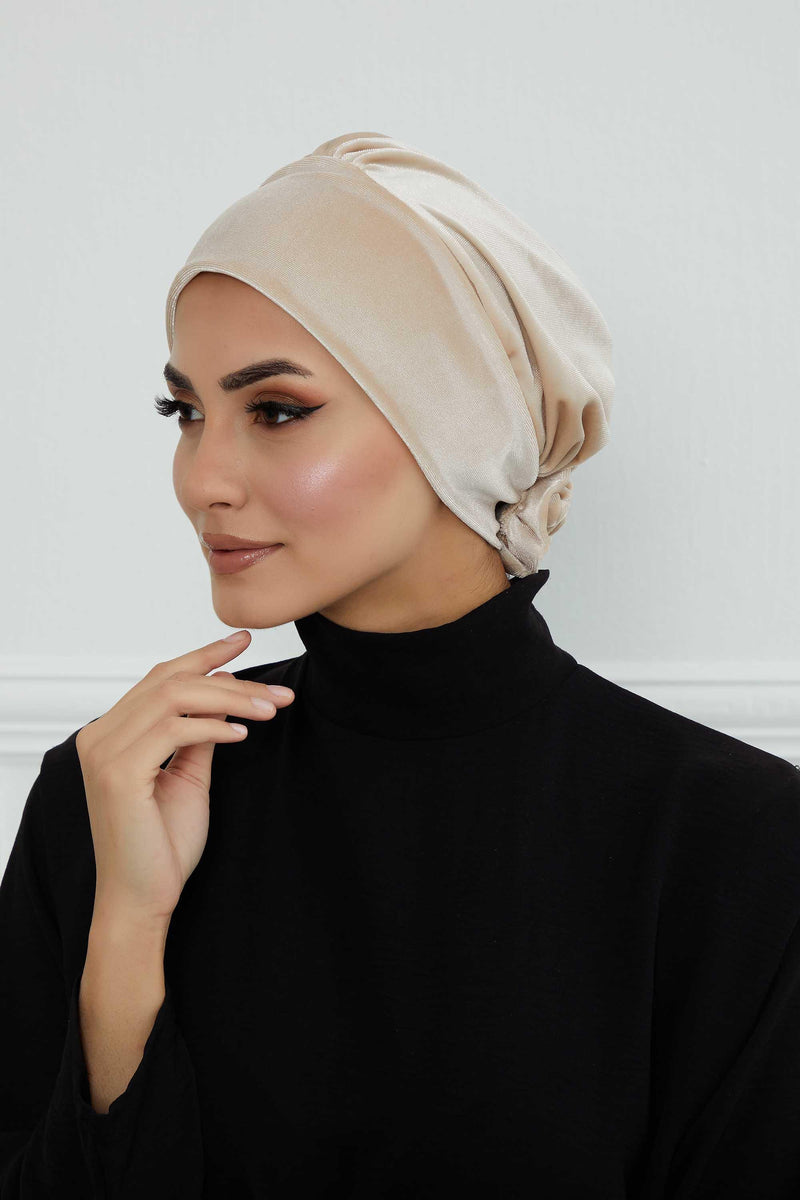 Velvet Elastic Instant Turban Bonnet Cap with Handmade Rose Detail at the Back Side, Soft Plain Color Velvet Pre-Tied Turban Hijab,B-53K Beige