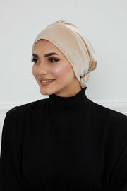 Velvet Elastic Instant Turban Bonnet Cap with Handmade Rose Detail at the Back Side, Soft Plain Color Velvet Pre-Tied Turban Hijab,B-53K Beige