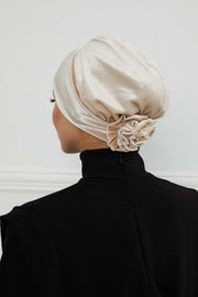 Velvet Elastic Instant Turban Bonnet Cap with Handmade Rose Detail at the Back Side, Soft Plain Color Velvet Pre-Tied Turban Hijab,B-53K Beige