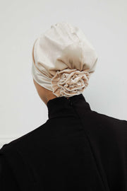 Velvet Elastic Instant Turban Bonnet Cap with Handmade Rose Detail at the Back Side, Soft Plain Color Velvet Pre-Tied Turban Hijab,B-53K Beige