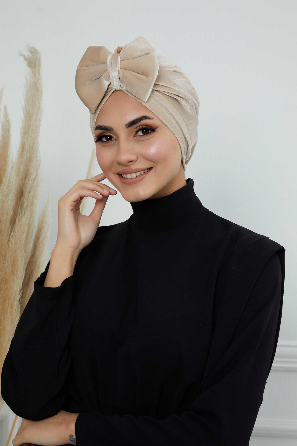 Instant Turban Velvet Scarf Head Wrap with Removable Bowtie Headwear Cap Bonnet For Women Fashion,B-27K Beige