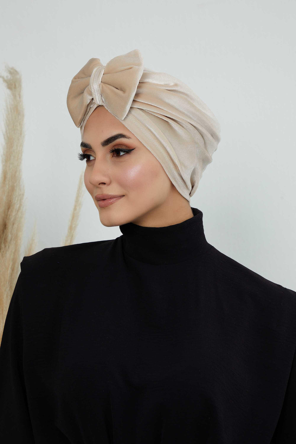 Instant Turban Velvet Scarf Head Wrap with Removable Bowtie Headwear Cap Bonnet For Women Fashion,B-27K Beige
