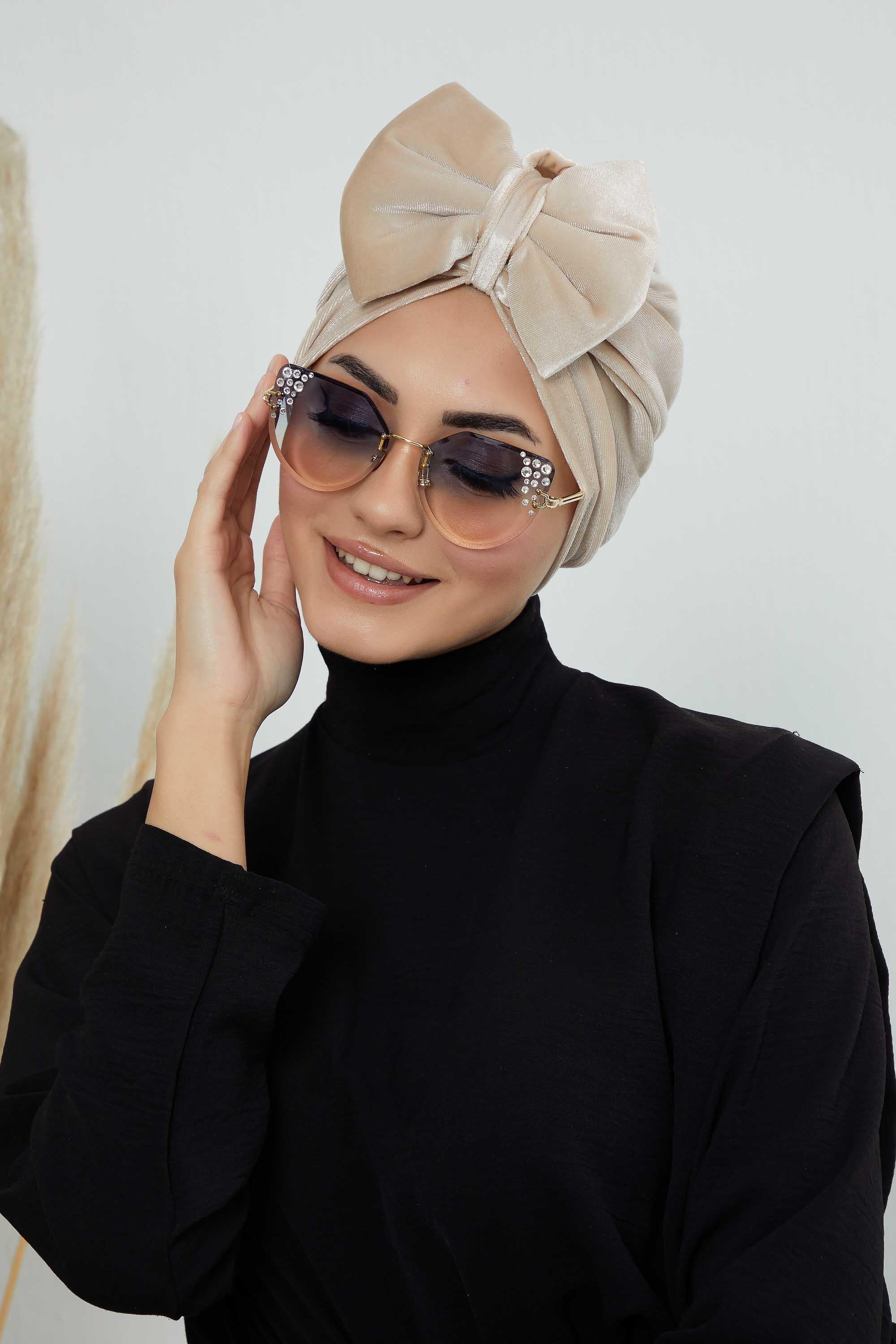 Instant Turban Velvet Scarf Head Wrap with Removable Bowtie Headwear Cap Bonnet For Women Fashion,B-27K Beige
