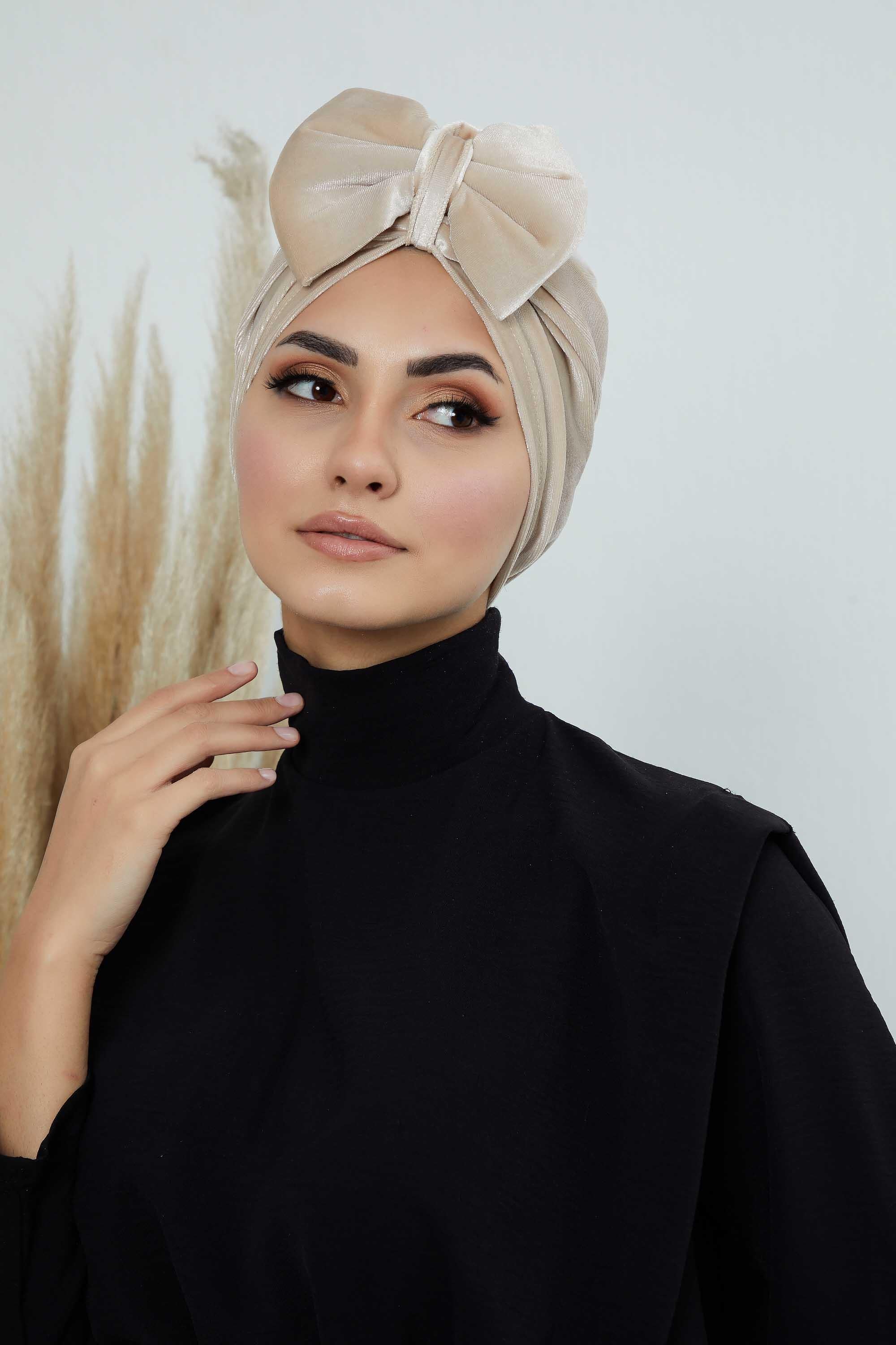 Instant Turban Velvet Scarf Head Wrap with Removable Bowtie Headwear Cap Bonnet For Women Fashion,B-27K Beige