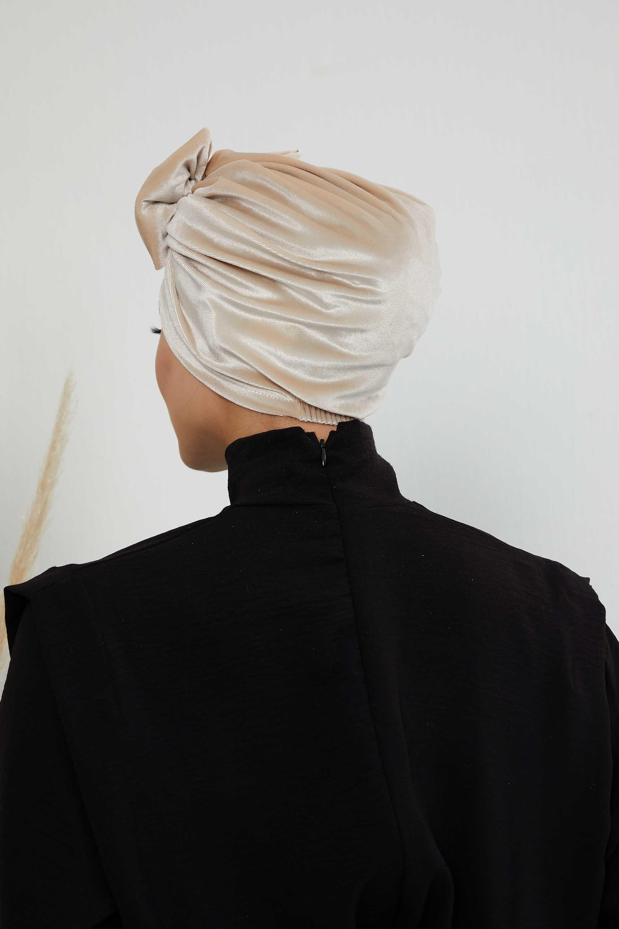 Instant Turban Velvet Scarf Head Wrap with Removable Bowtie Headwear Cap Bonnet For Women Fashion,B-27K Beige