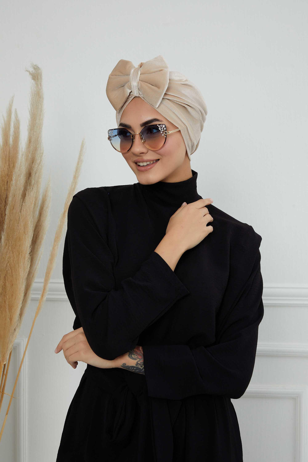 Instant Turban Velvet Scarf Head Wrap with Removable Bowtie Headwear Cap Bonnet For Women Fashion,B-27K Beige