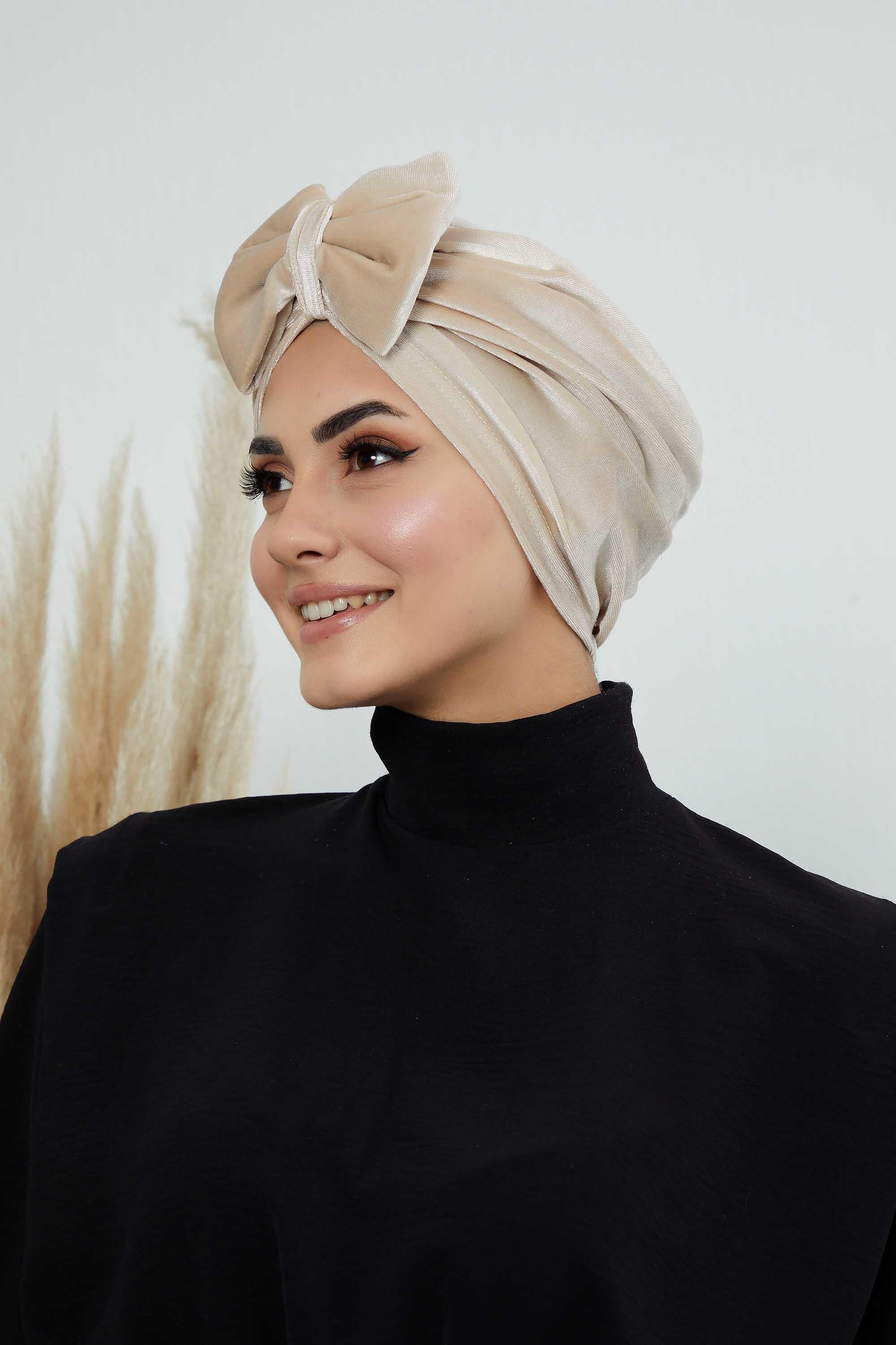 Instant Turban Velvet Scarf Head Wrap with Removable Bowtie Headwear Cap Bonnet For Women Fashion,B-27K Beige