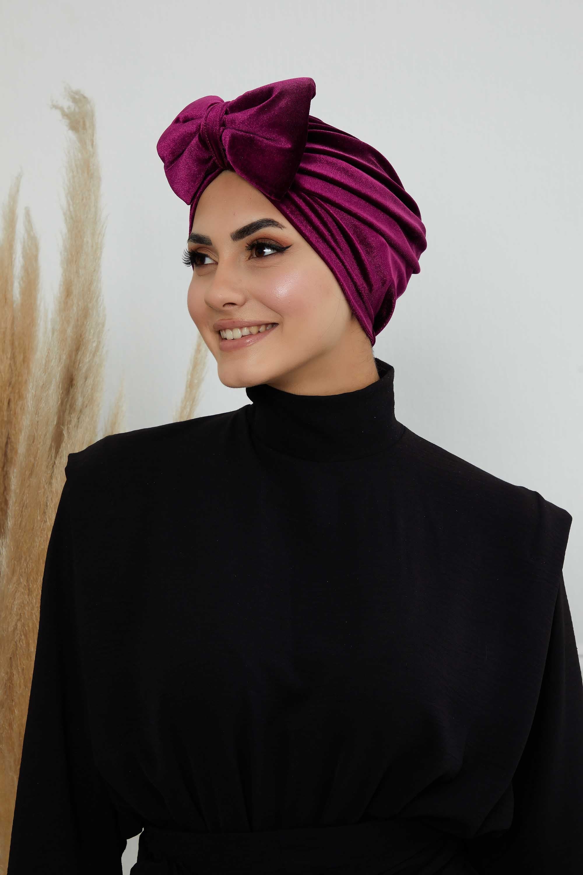 Instant Turban Velvet Scarf Head Wrap with Removable Bowtie Headwear Cap Bonnet For Women Fashion,B-27K Purple