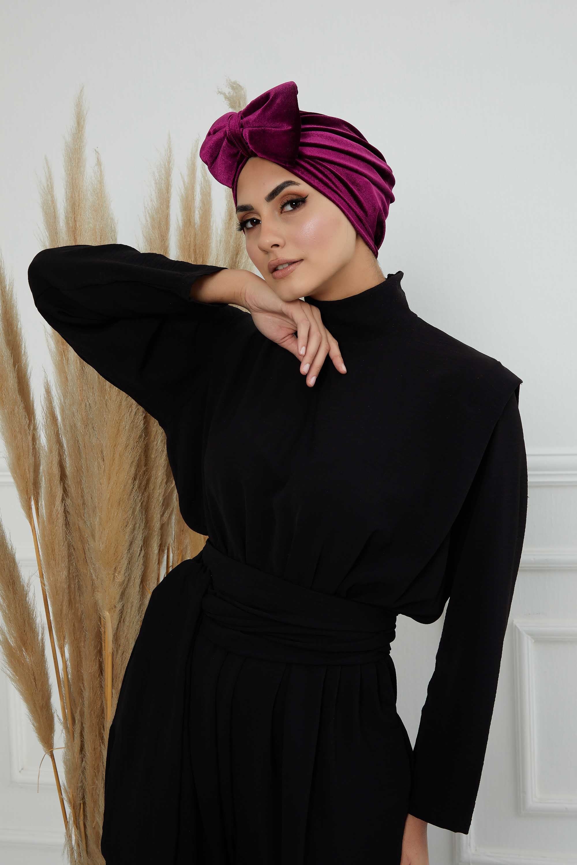 Instant Turban Velvet Scarf Head Wrap with Removable Bowtie Headwear Cap Bonnet For Women Fashion,B-27K