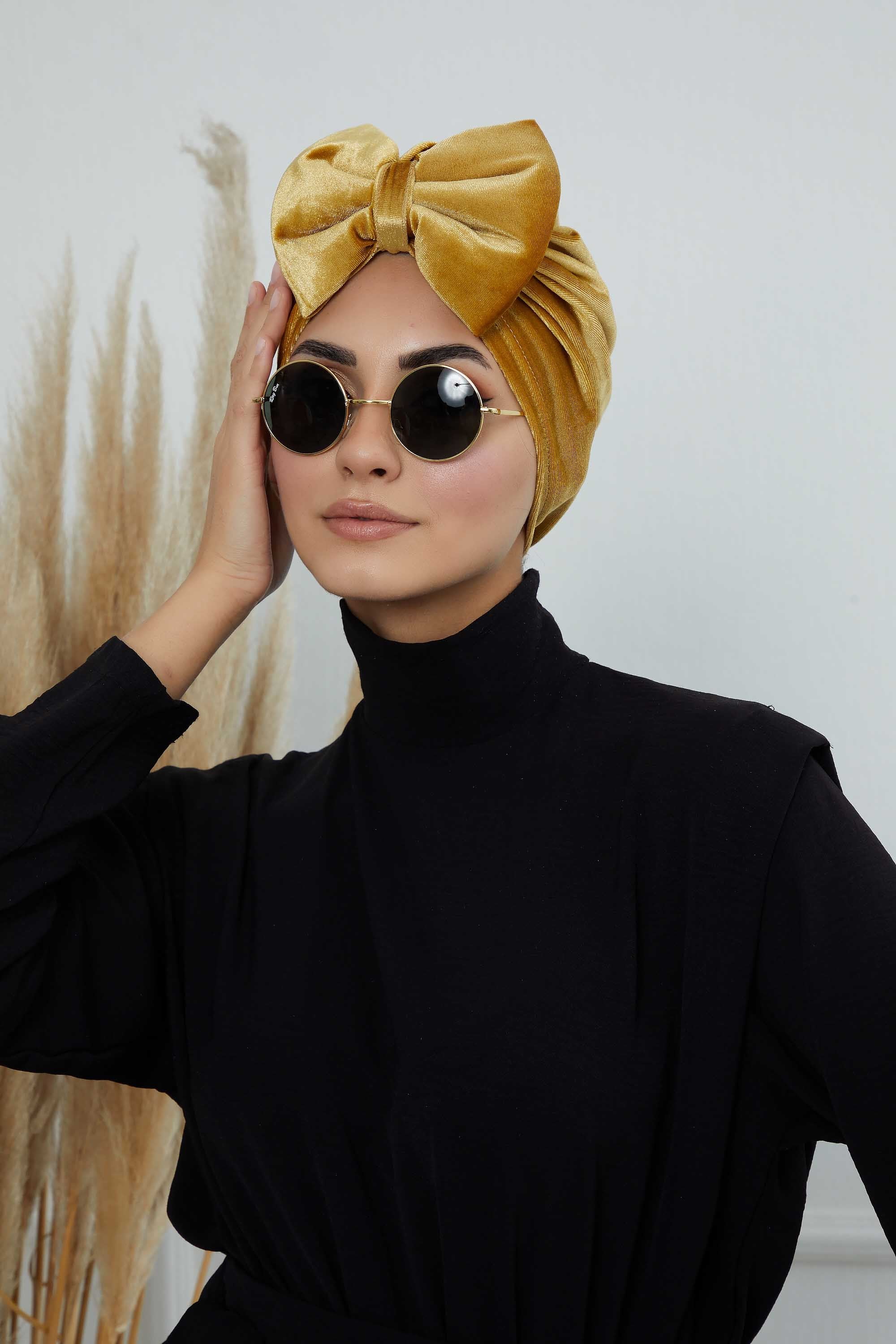 Instant Turban Velvet Scarf Head Wrap with Removable Bowtie Headwear Cap Bonnet For Women Fashion,B-27K Mustard Yellow