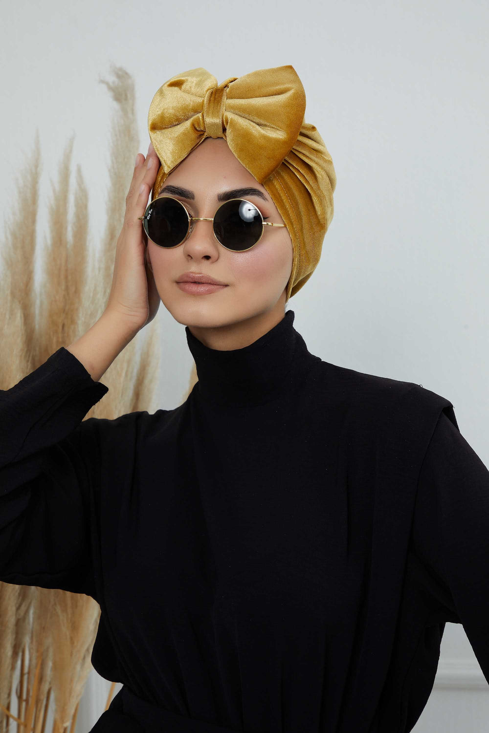 Instant Turban Velvet Scarf Head Wrap with Removable Bowtie Headwear Cap Bonnet For Women Fashion,B-27K Mustard Yellow