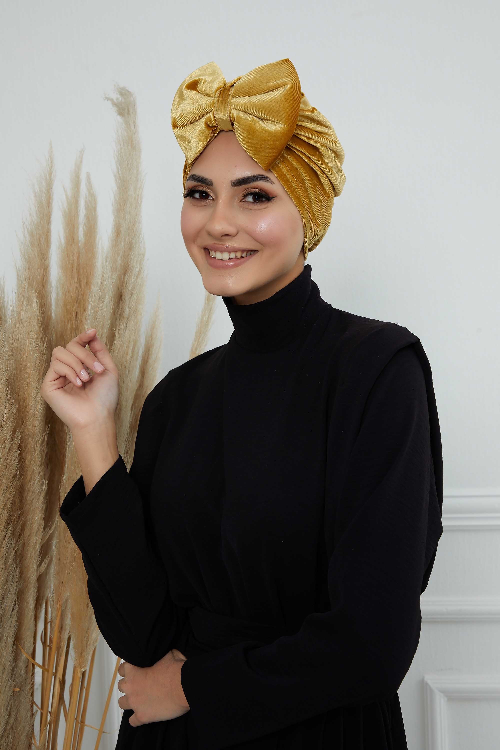 Instant Turban Velvet Scarf Head Wrap with Removable Bowtie Headwear Cap Bonnet For Women Fashion,B-27K