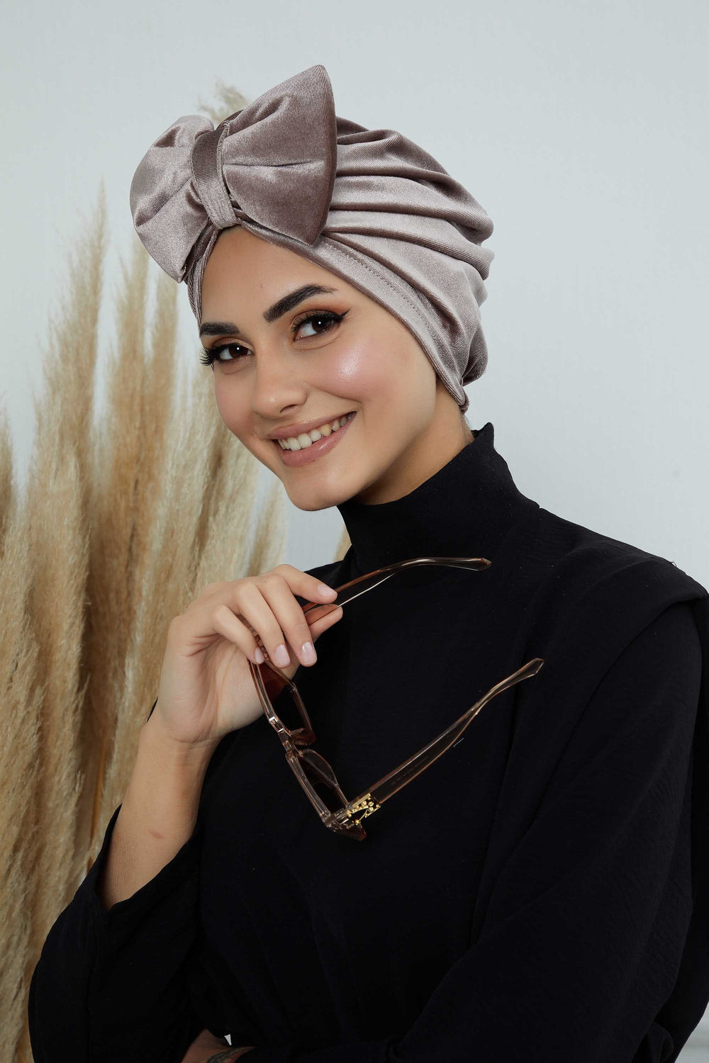 Instant Turban Velvet Scarf Head Wrap with Removable Bowtie Headwear Cap Bonnet For Women Fashion,B-27K Mink