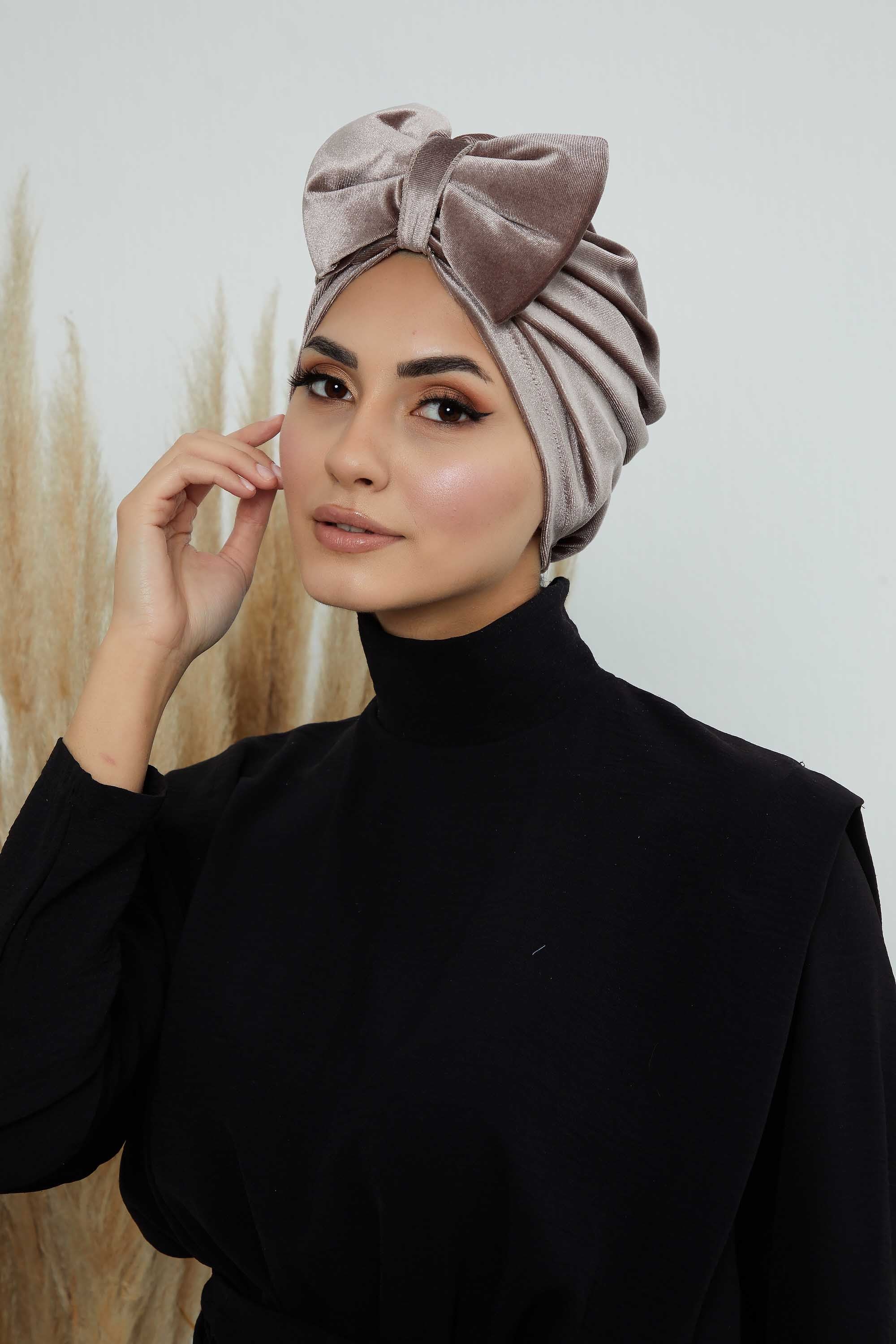 Instant Turban Velvet Scarf Head Wrap with Removable Bowtie Headwear Cap Bonnet For Women Fashion,B-27K