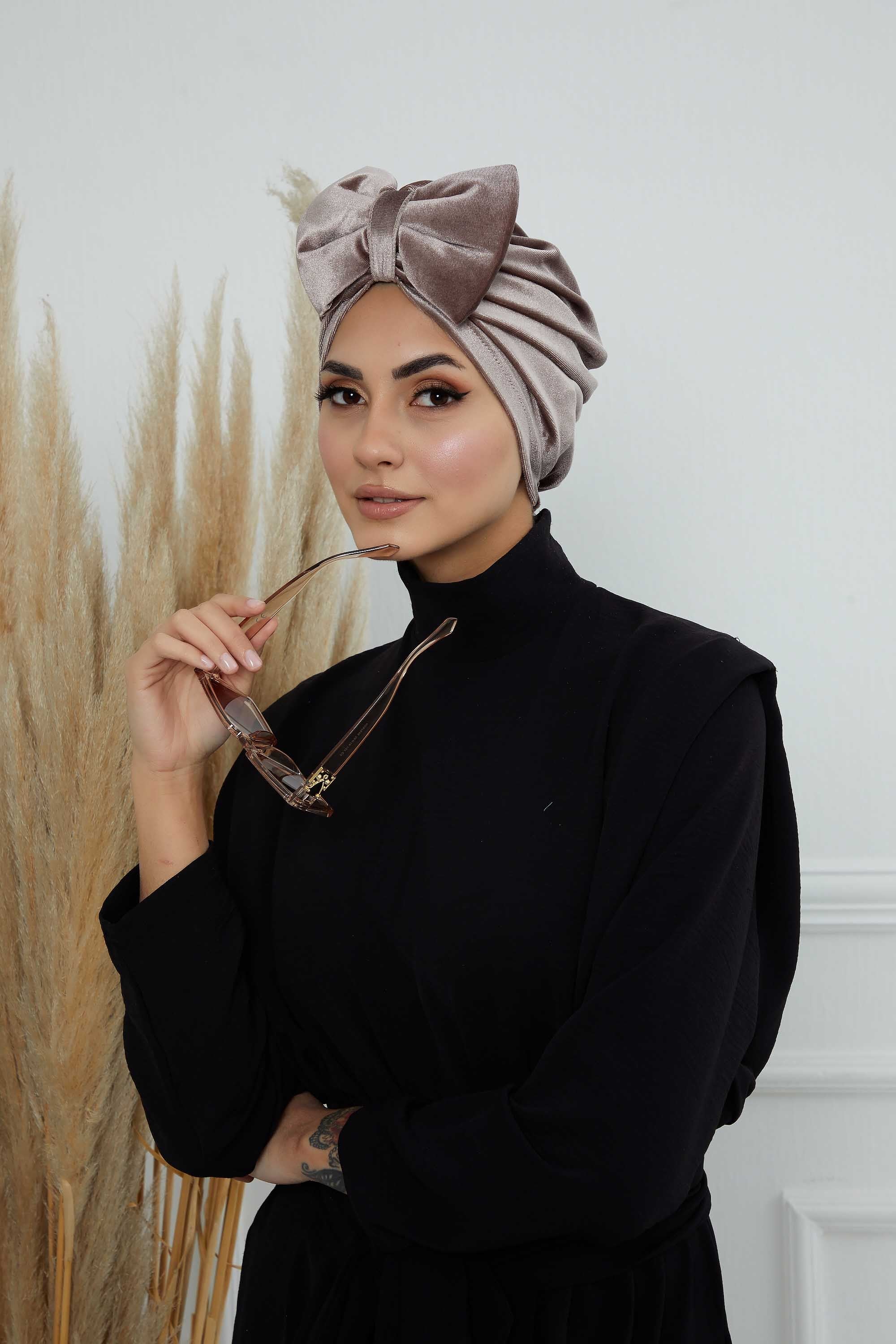Instant Turban Velvet Scarf Head Wrap with Removable Bowtie Headwear Cap Bonnet For Women Fashion,B-27K
