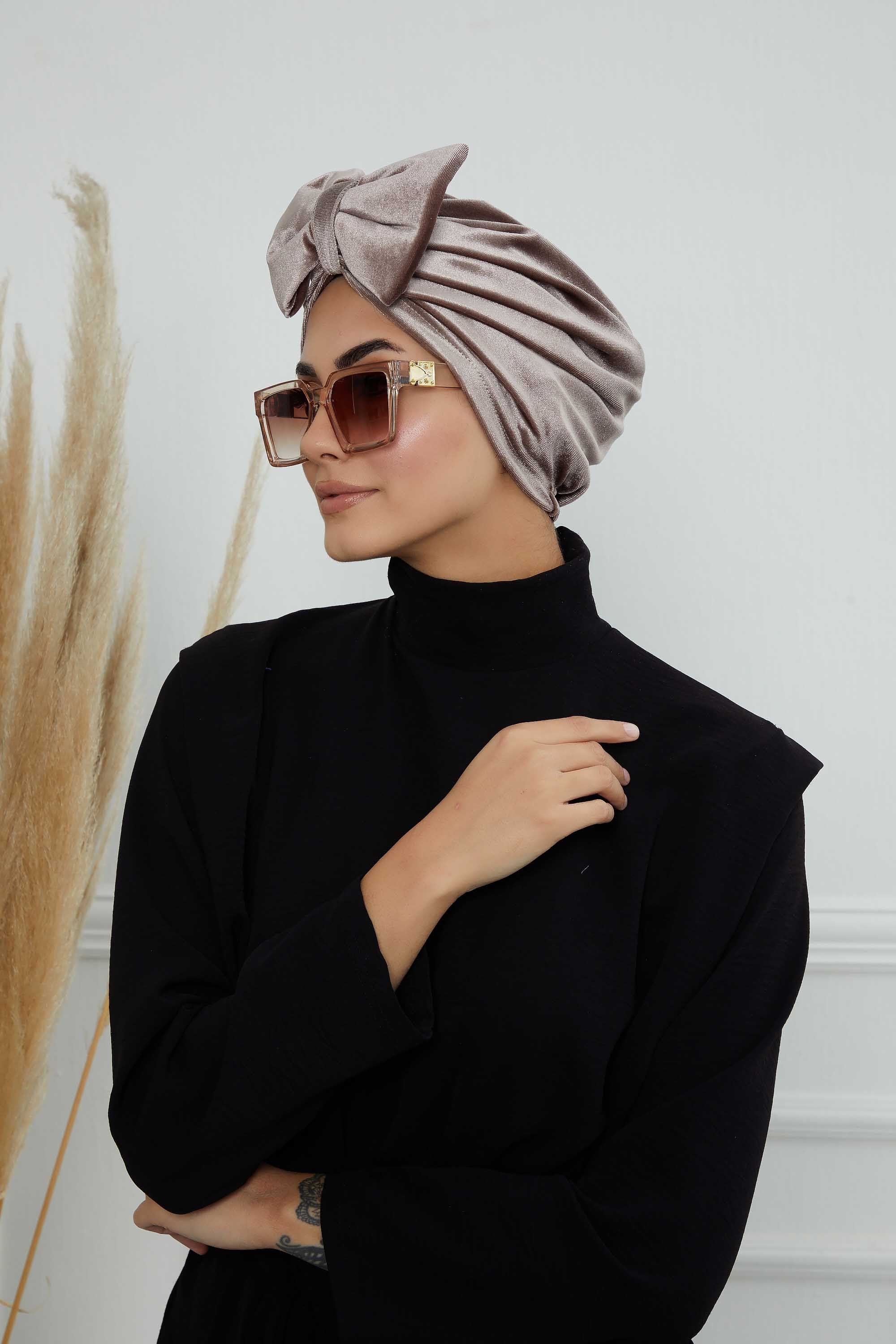 Instant Turban Velvet Scarf Head Wrap with Removable Bowtie Headwear Cap Bonnet For Women Fashion,B-27K