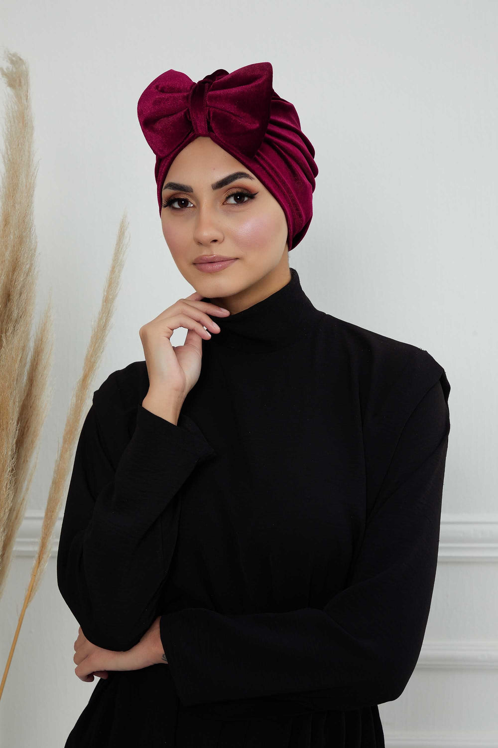 Instant Turban Velvet Scarf Head Wrap with Removable Bowtie Headwear Cap Bonnet For Women Fashion,B-27K Maroon