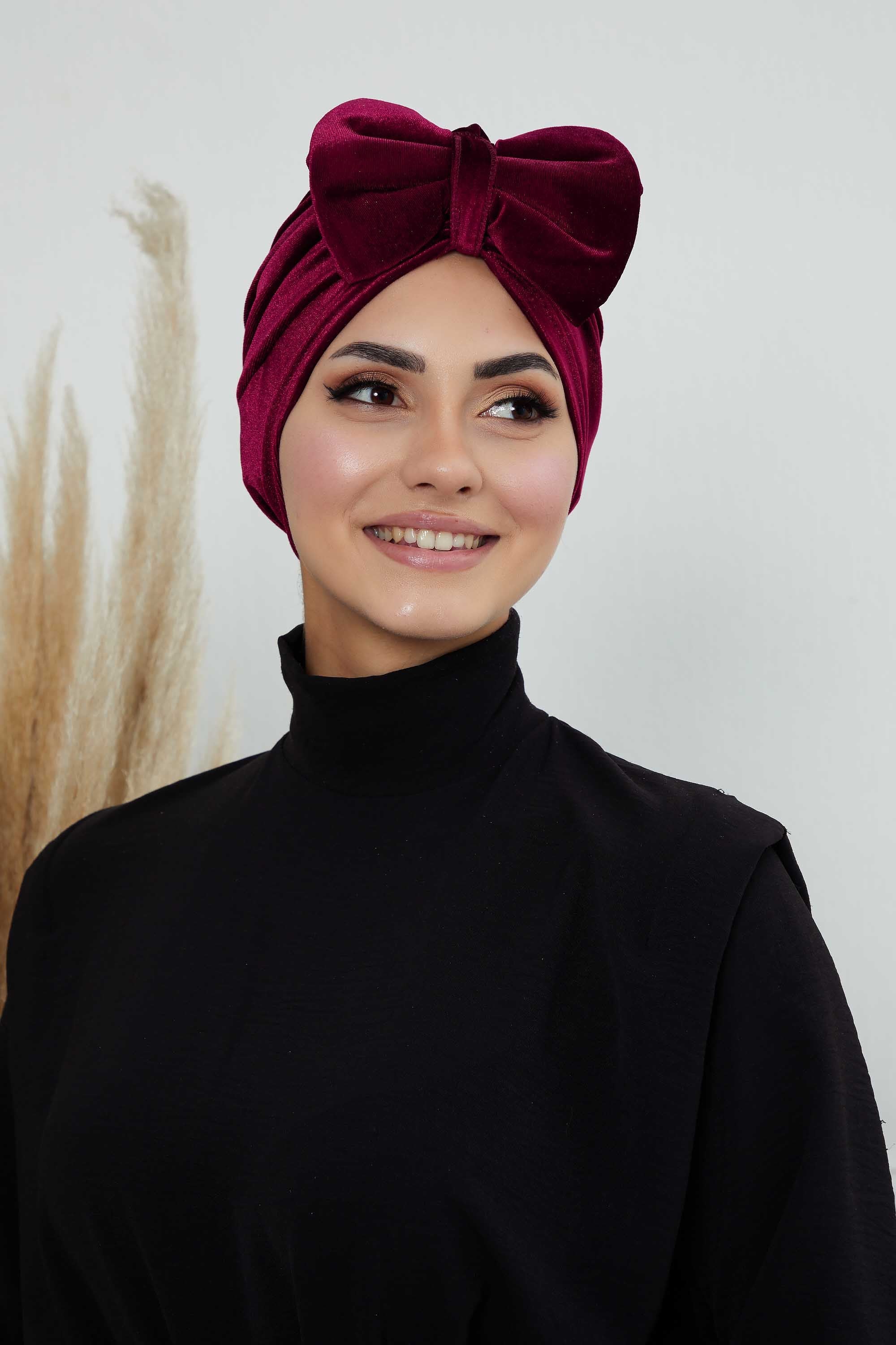 Instant Turban Velvet Scarf Head Wrap with Removable Bowtie Headwear Cap Bonnet For Women Fashion,B-27K