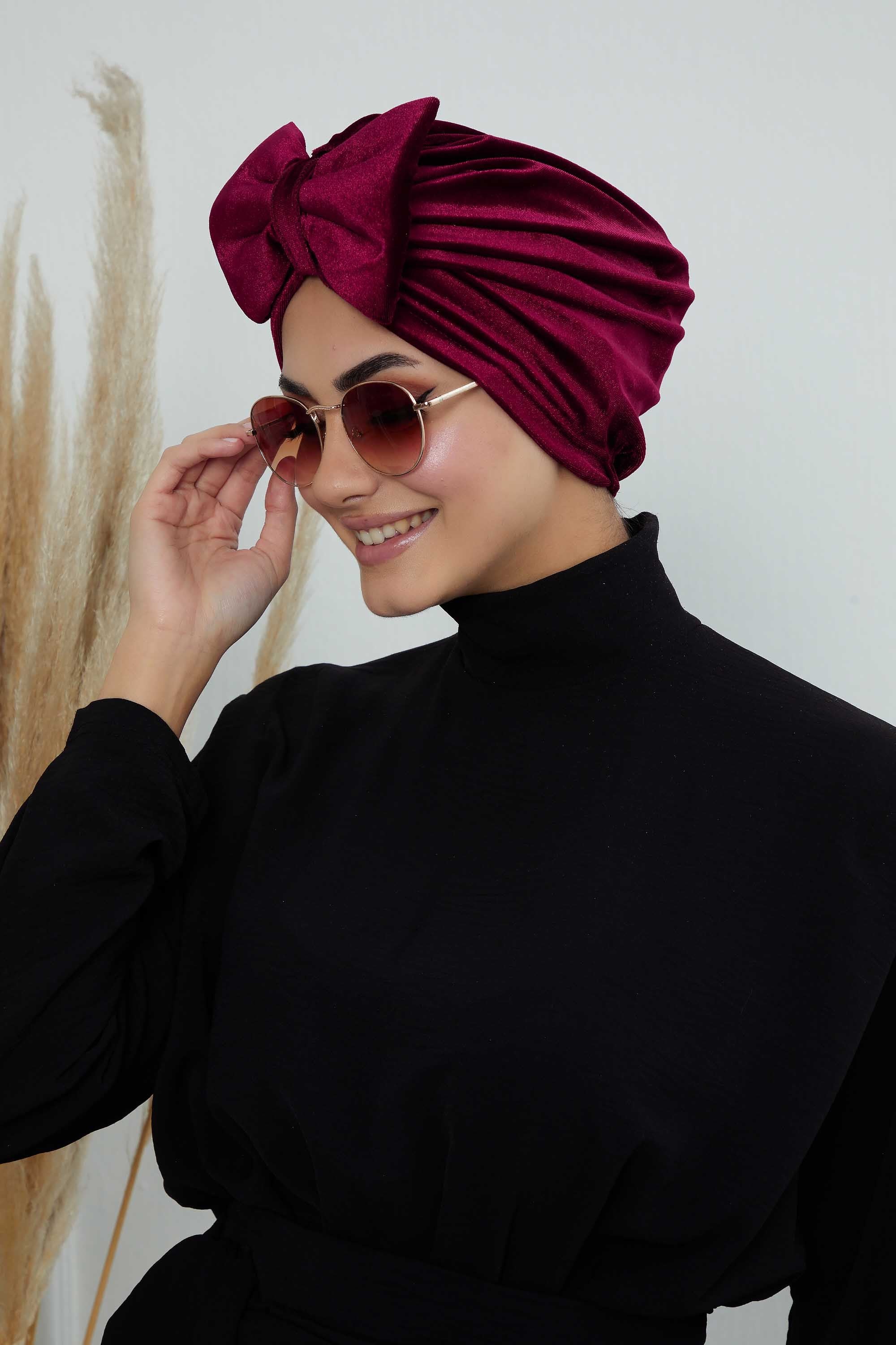 Instant Turban Velvet Scarf Head Wrap with Removable Bowtie Headwear Cap Bonnet For Women Fashion,B-27K