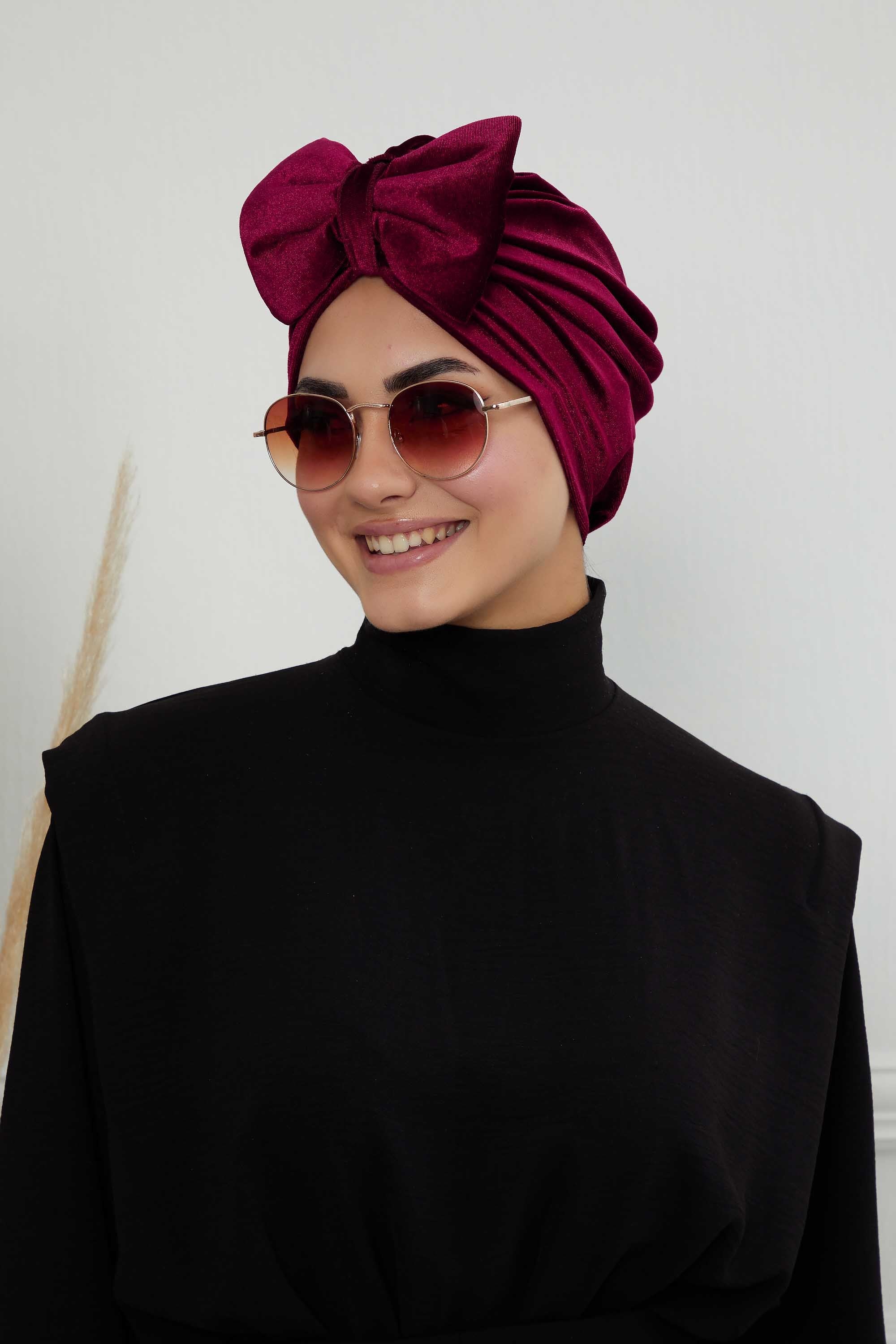 Instant Turban Velvet Scarf Head Wrap with Removable Bowtie Headwear Cap Bonnet For Women Fashion,B-27K