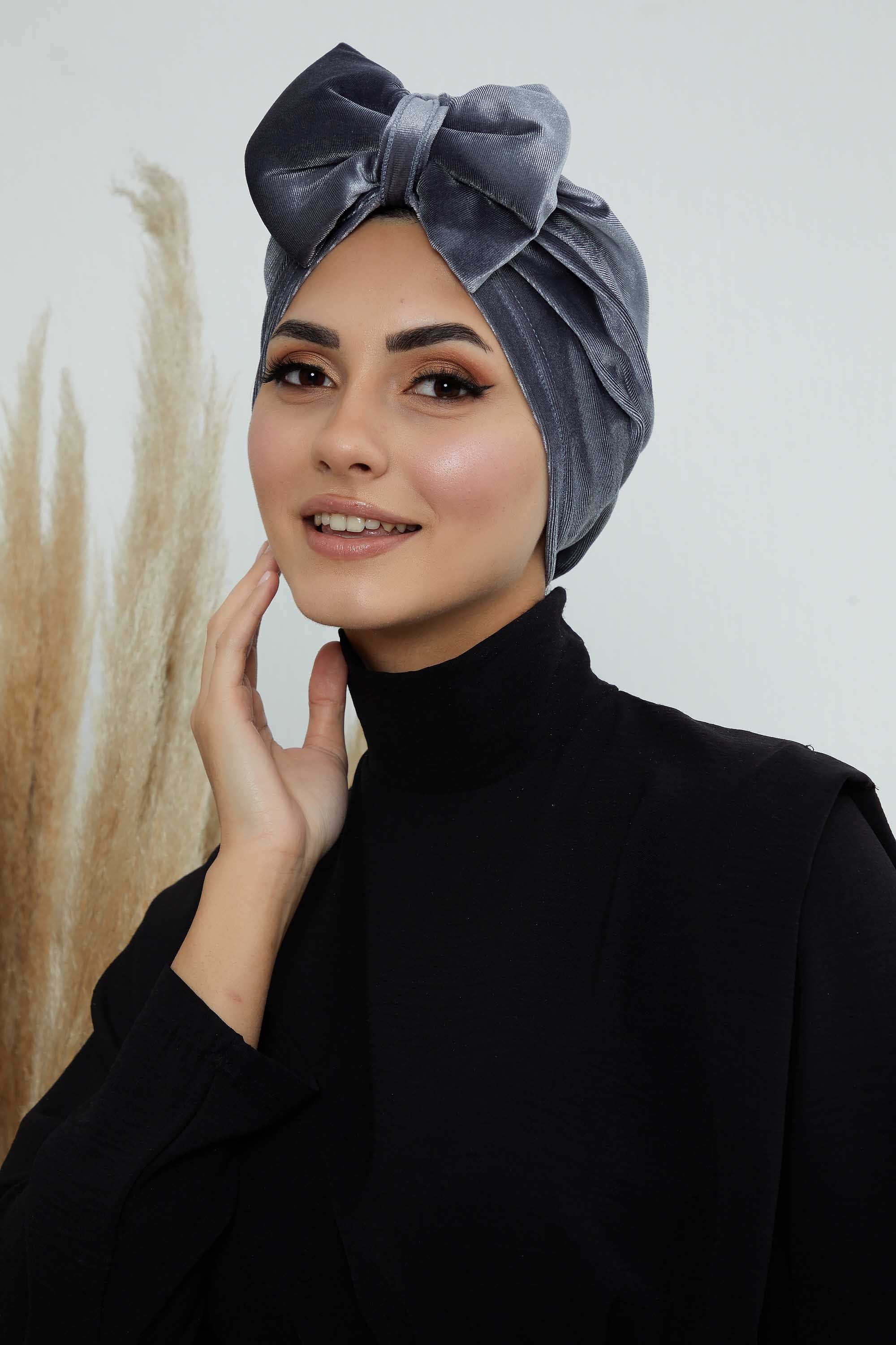 Instant Turban Velvet Scarf Head Wrap with Removable Bowtie Headwear Cap Bonnet For Women Fashion,B-27K Grey