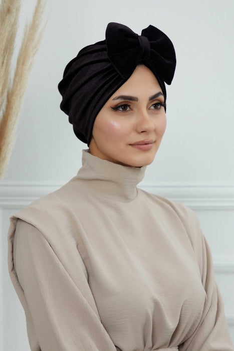Instant Turban Velvet Scarf Head Wrap with Removable Bowtie Headwear Cap Bonnet For Women Fashion,B-27K
