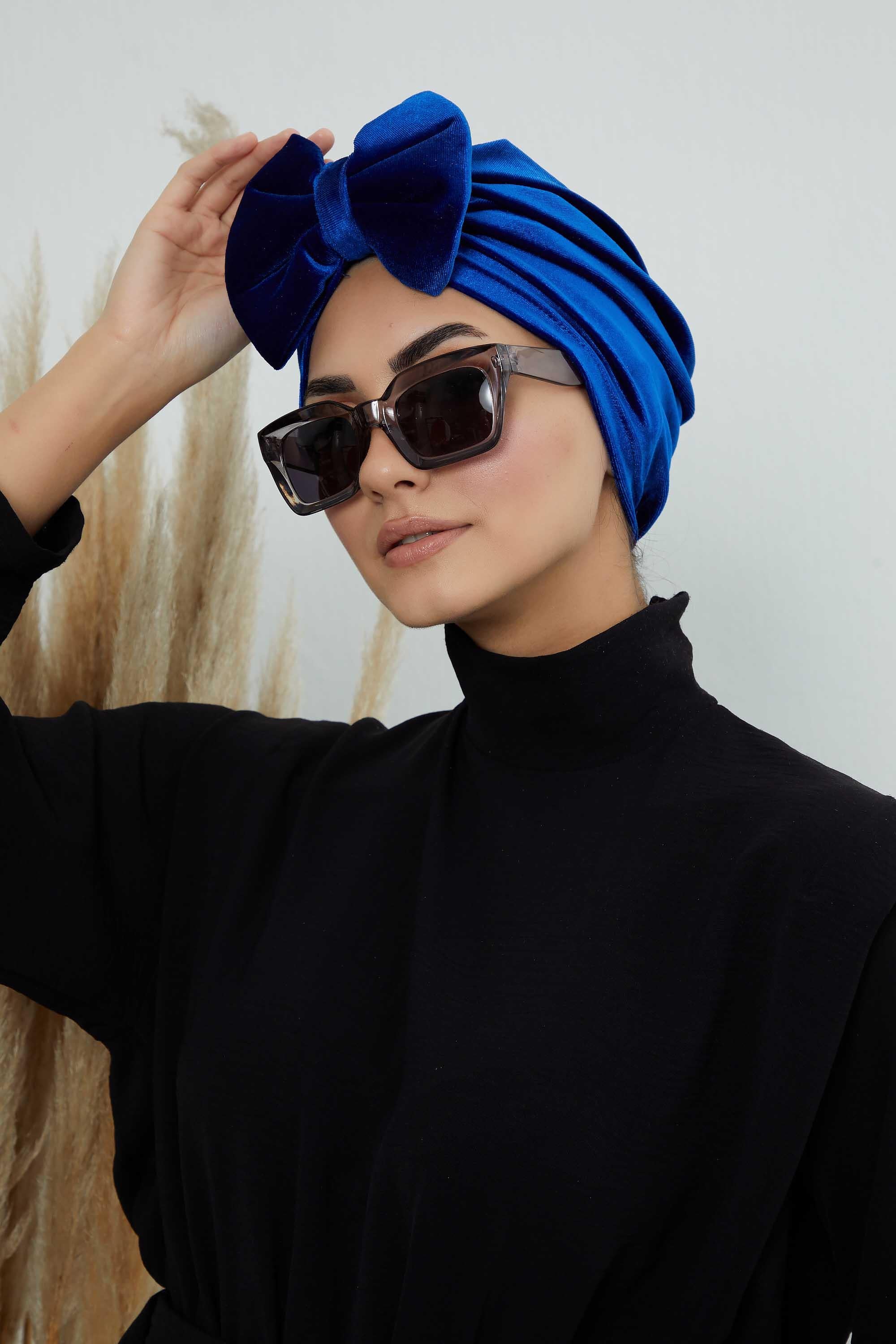 Instant Turban Velvet Scarf Head Wrap with Removable Bowtie Headwear Cap Bonnet For Women Fashion,B-27K Sax Blue