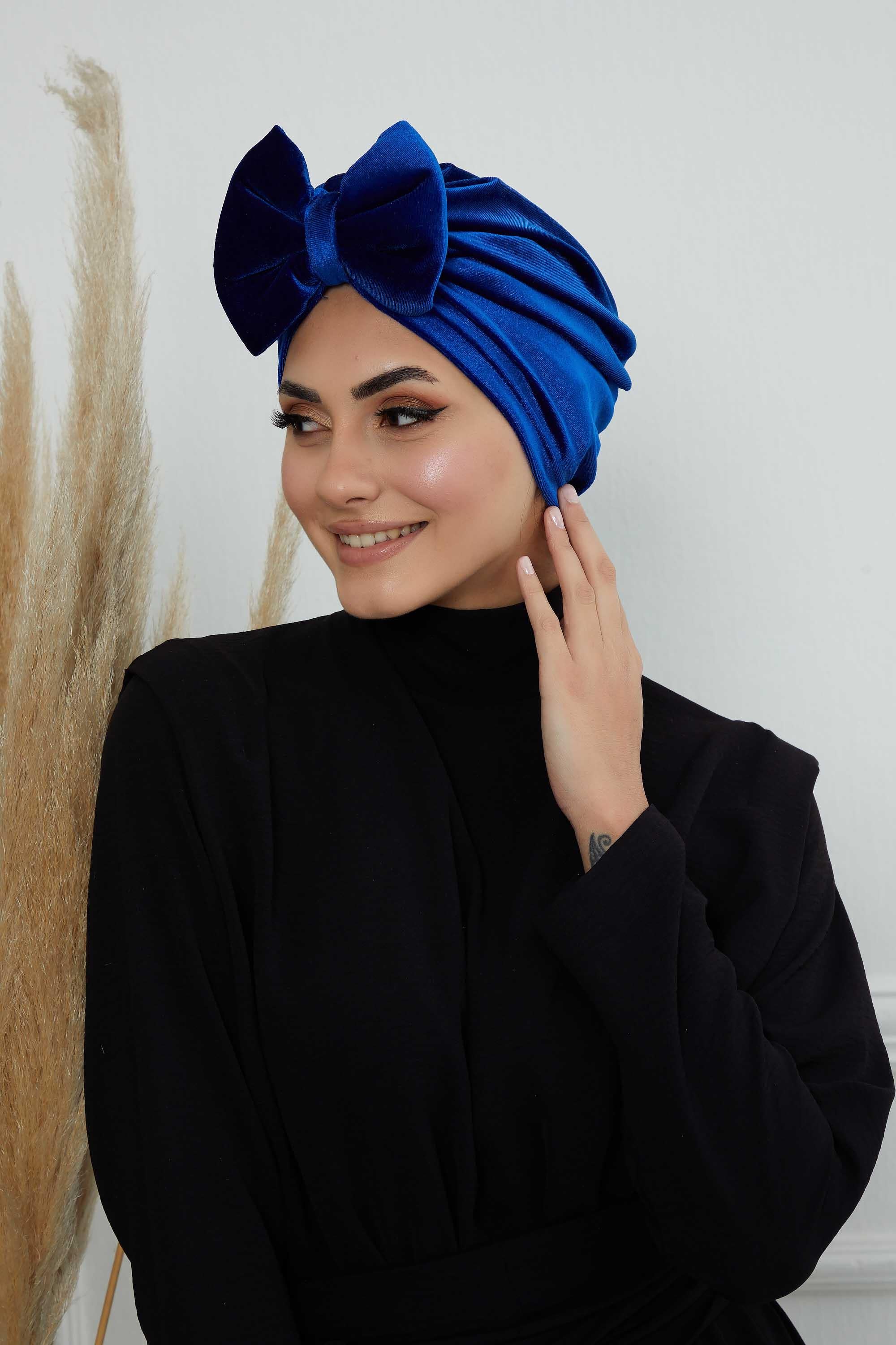 Instant Turban Velvet Scarf Head Wrap with Removable Bowtie Headwear Cap Bonnet For Women Fashion,B-27K Sax Blue