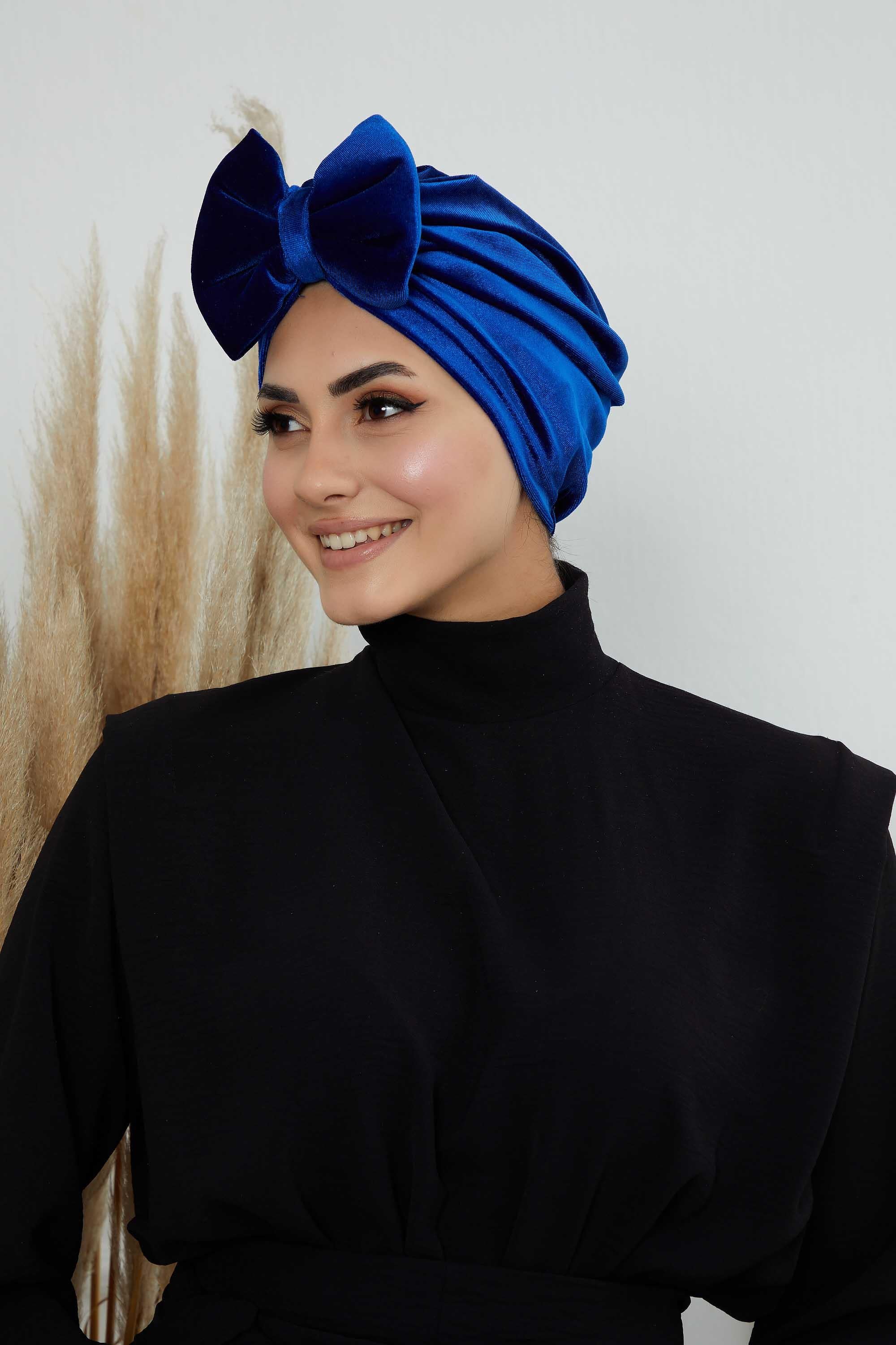 Instant Turban Velvet Scarf Head Wrap with Removable Bowtie Headwear Cap Bonnet For Women Fashion,B-27K Sax Blue