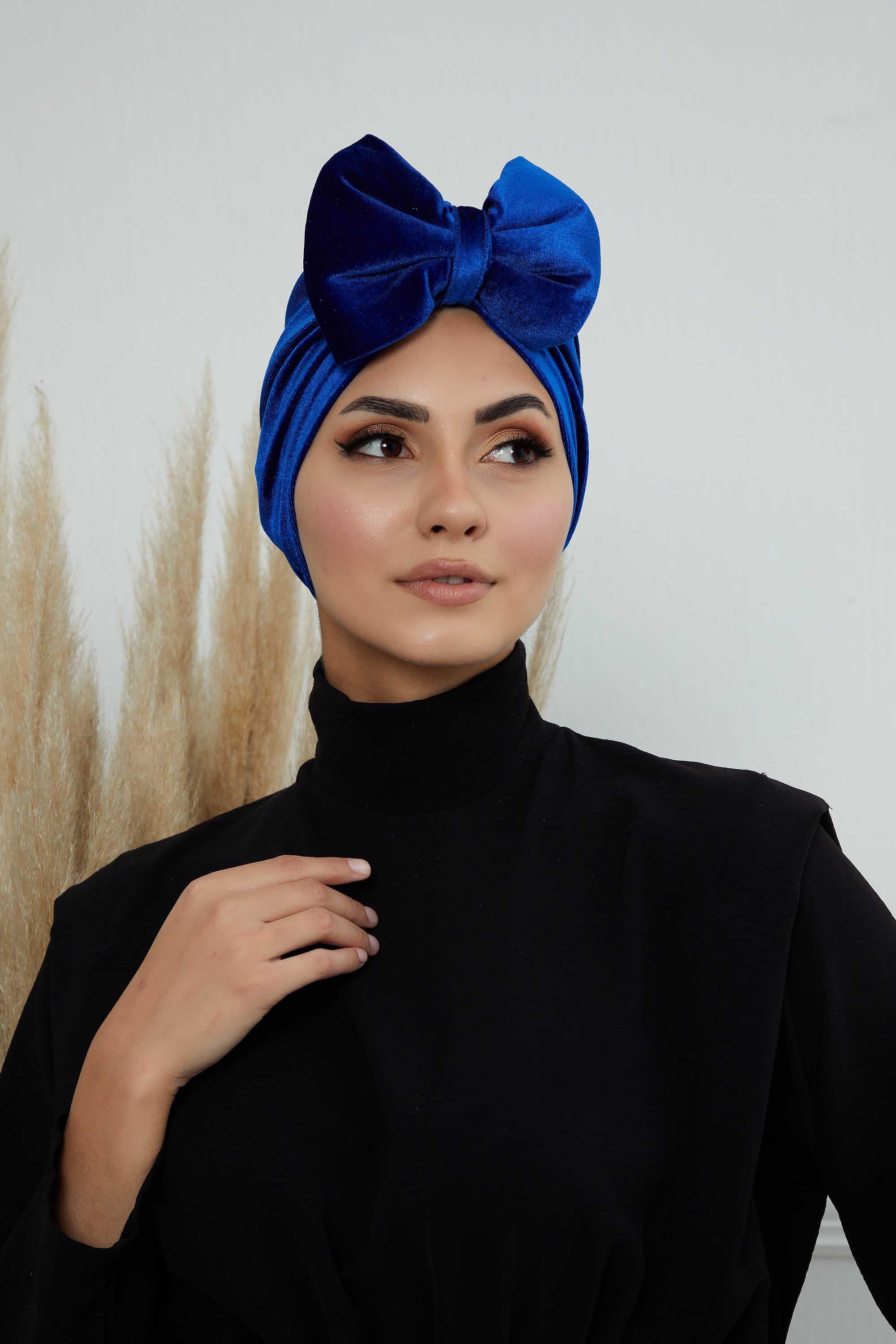 Instant Turban Velvet Scarf Head Wrap with Removable Bowtie Headwear Cap Bonnet For Women Fashion,B-27K Sax Blue