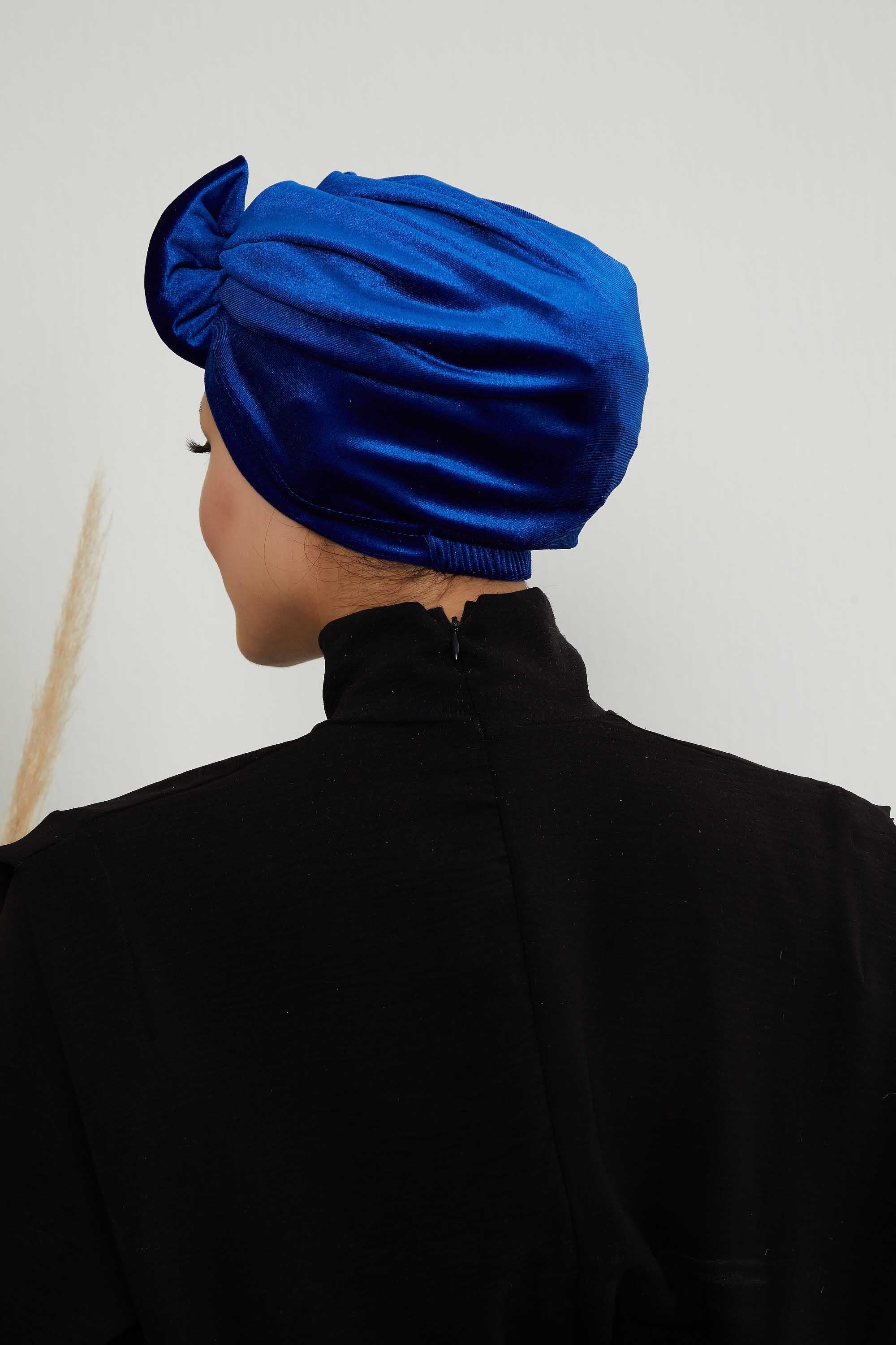 Instant Turban Velvet Scarf Head Wrap with Removable Bowtie Headwear Cap Bonnet For Women Fashion,B-27K Sax Blue