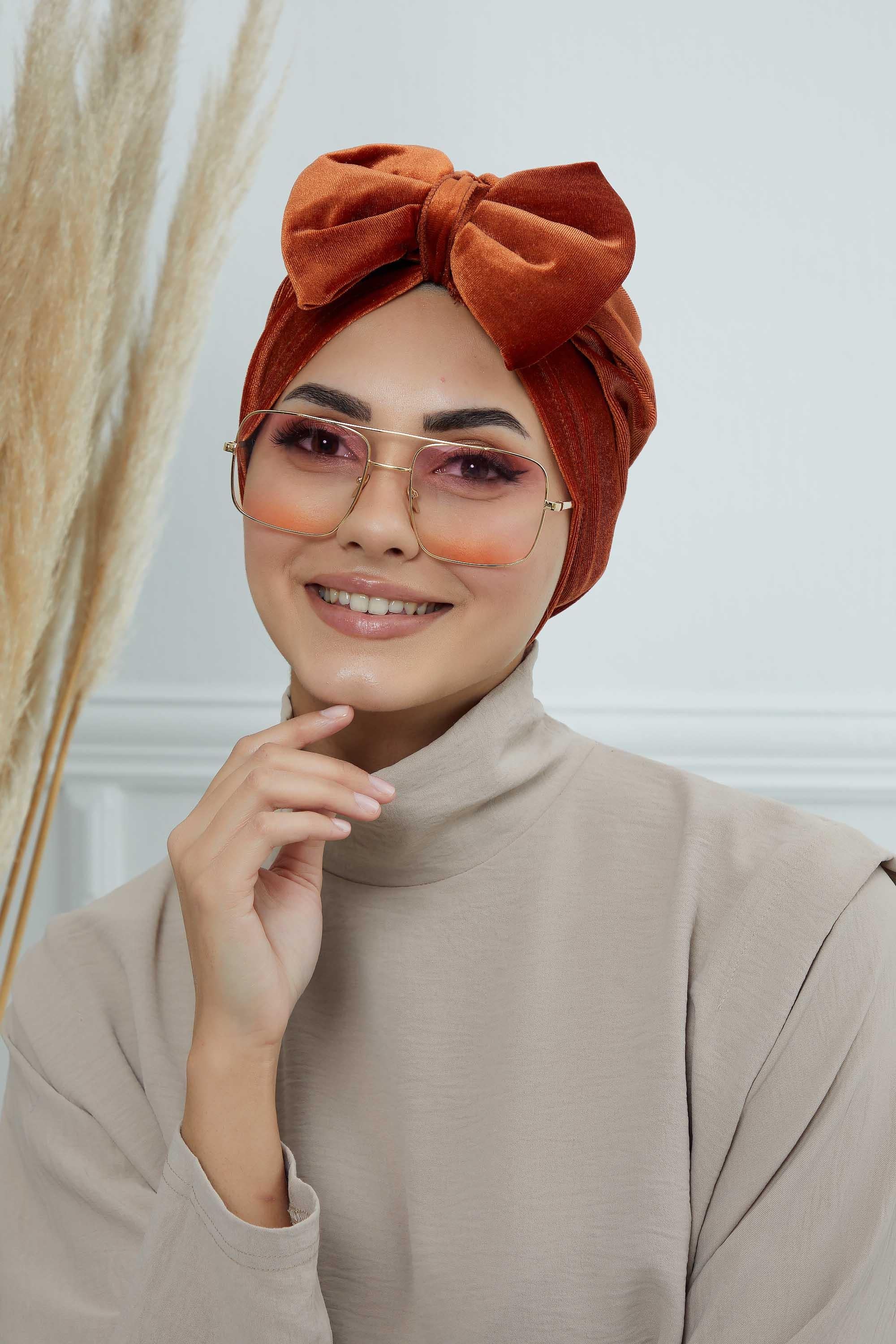 Instant Turban Velvet Scarf Head Wrap with Removable Bowtie Headwear Cap Bonnet For Women Fashion,B-27K Tile Red