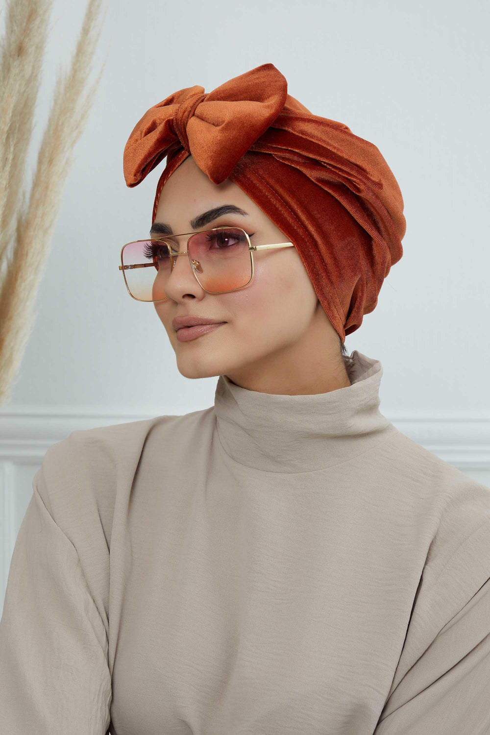 Instant Turban Velvet Scarf Head Wrap with Removable Bowtie Headwear Cap Bonnet For Women Fashion,B-27K Tile Red