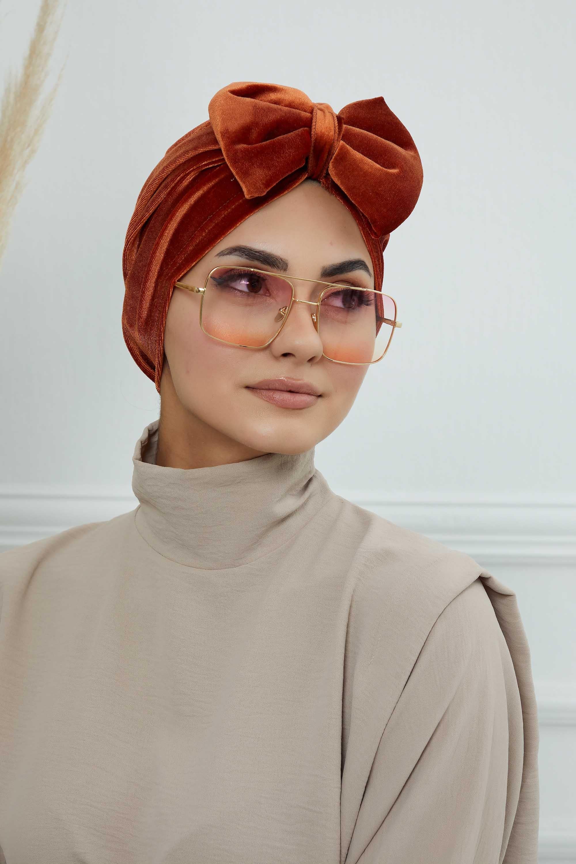 Instant Turban Velvet Scarf Head Wrap with Removable Bowtie Headwear Cap Bonnet For Women Fashion,B-27K Tile Red