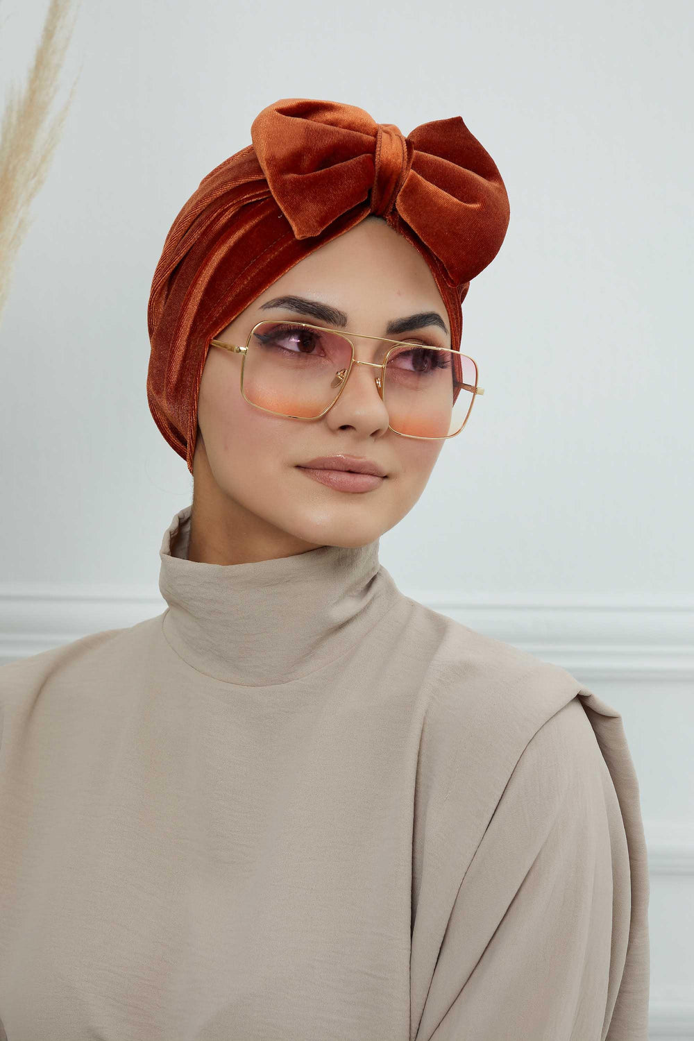 Instant Turban Velvet Scarf Head Wrap with Removable Bowtie Headwear Cap Bonnet For Women Fashion,B-27K Tile Red
