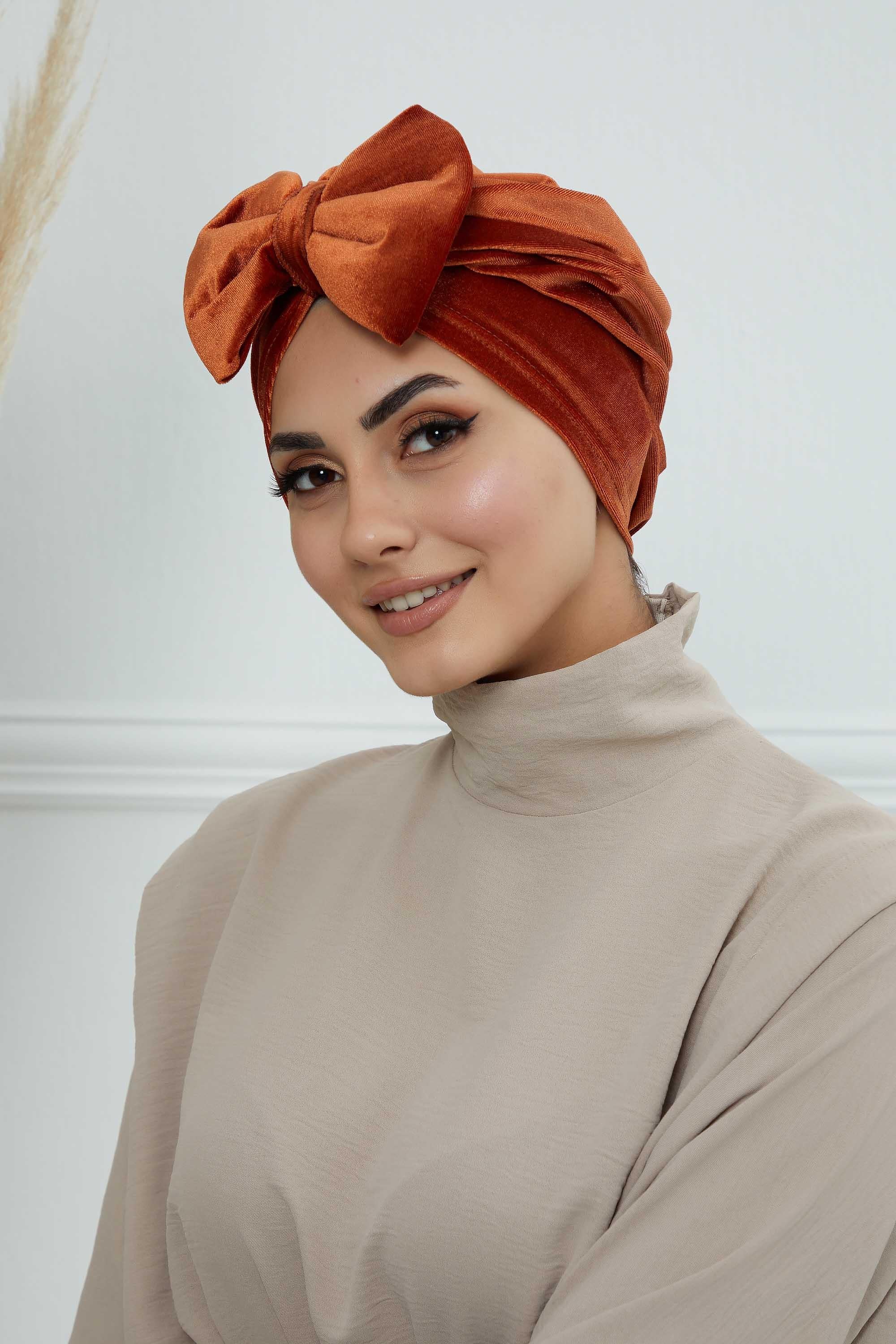 Instant Turban Velvet Scarf Head Wrap with Removable Bowtie Headwear Cap Bonnet For Women Fashion,B-27K Tile Red