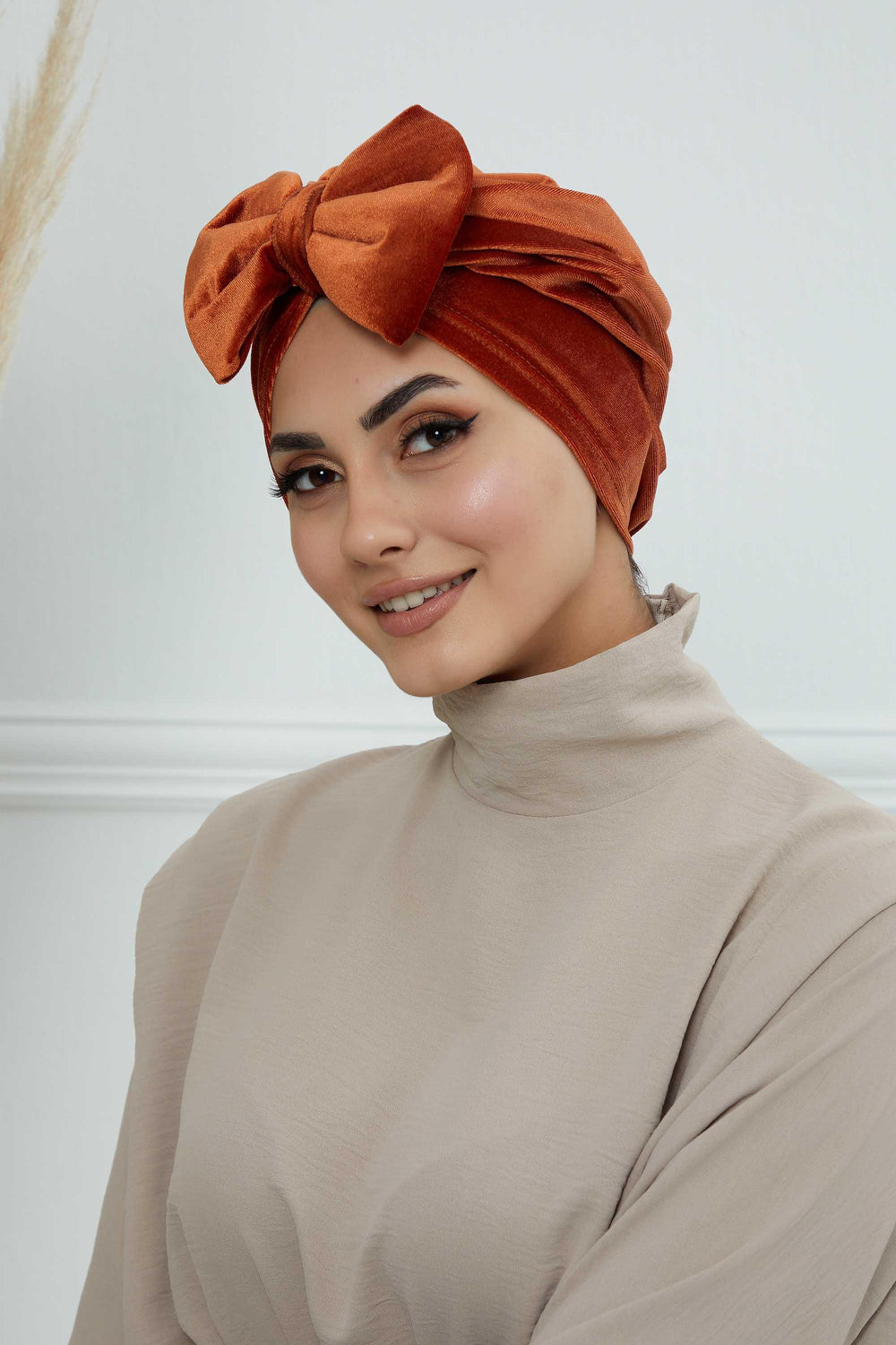 Instant Turban Velvet Scarf Head Wrap with Removable Bowtie Headwear Cap Bonnet For Women Fashion,B-27K Tile Red