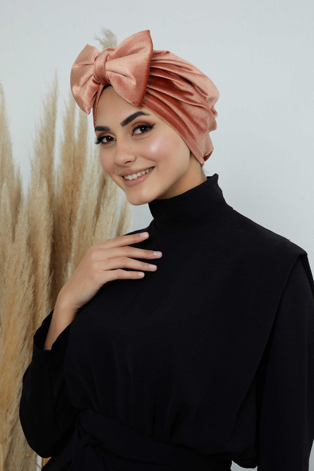 Instant Turban Velvet Scarf Head Wrap with Removable Bowtie Headwear Cap Bonnet For Women Fashion,B-27K Salmon
