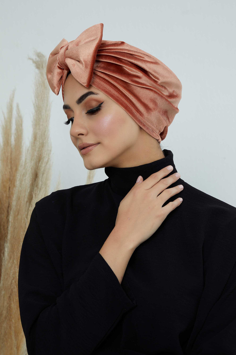 Instant Turban Velvet Scarf Head Wrap with Removable Bowtie Headwear Cap Bonnet For Women Fashion,B-27K Salmon