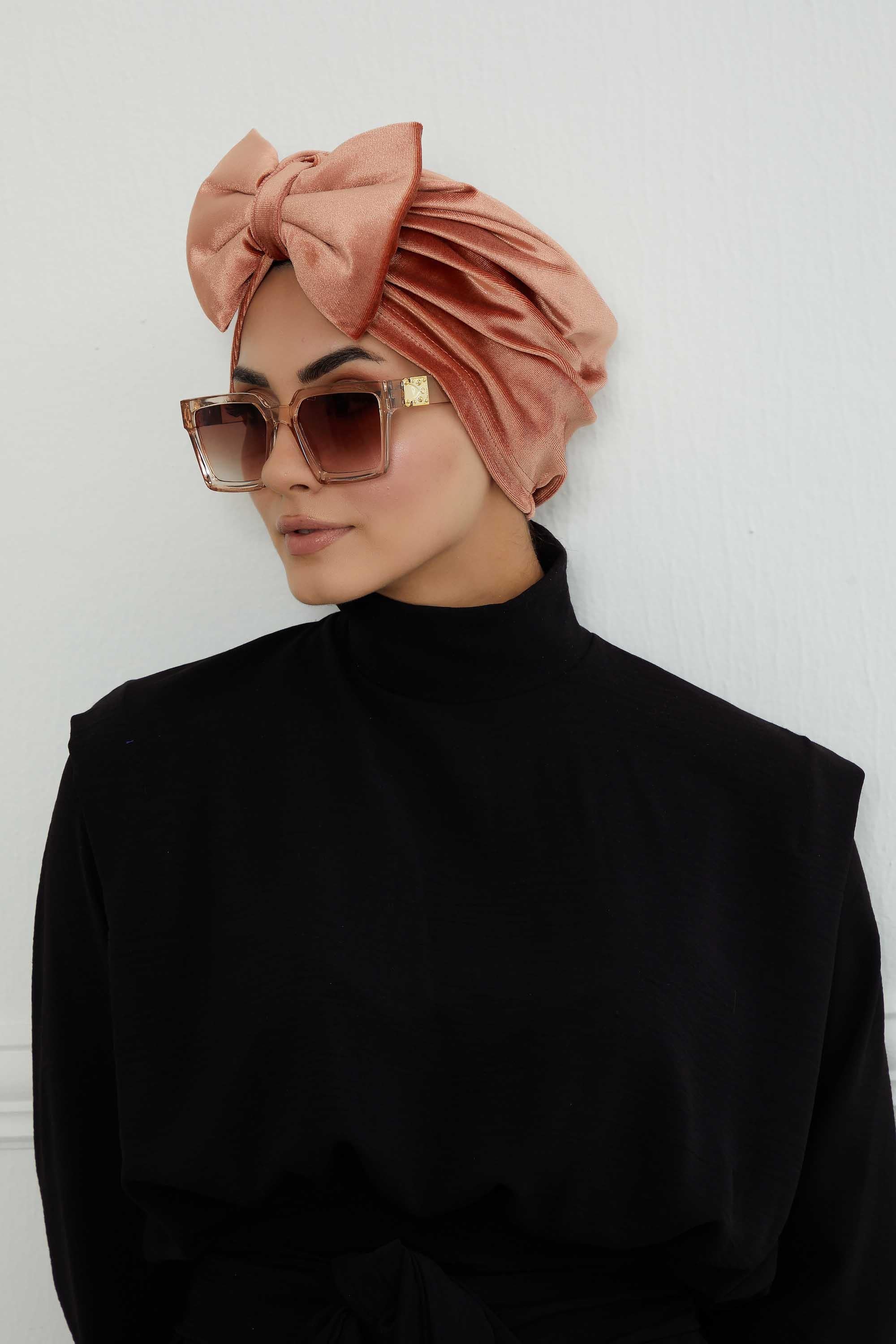 Instant Turban Velvet Scarf Head Wrap with Removable Bowtie Headwear Cap Bonnet For Women Fashion,B-27K Salmon